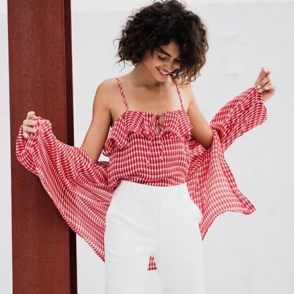 Tucker Ruffle Camisole Red Teardrop in Double Georgette Silk - Picture 8 of 8